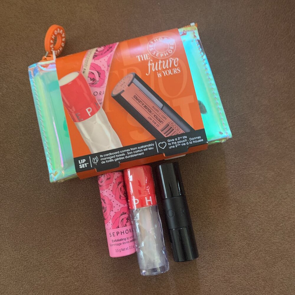 Sephora The Future is Yours Lips: Lip Scrub, Lip Plumper, Satin Lipstick & Bag